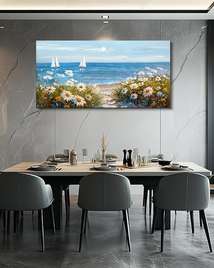 PHAOHUAXM Wall Art For Dining Room Kitchen Blue Ocean Landscape Painting Art Pictures Living Room Decor Vintage Landscape Canvas Print Suitable For Bedroom Office Farmhouse Wall Decoration 24x48 In
