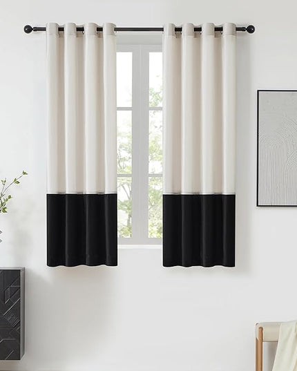 BULBUL Cream Black Color Block Window Curtains Panels 63 inches Long Velvet Farmhouse Drapes for Bedroom Living Roomm Darkening Treatment with Grommet Set of 2