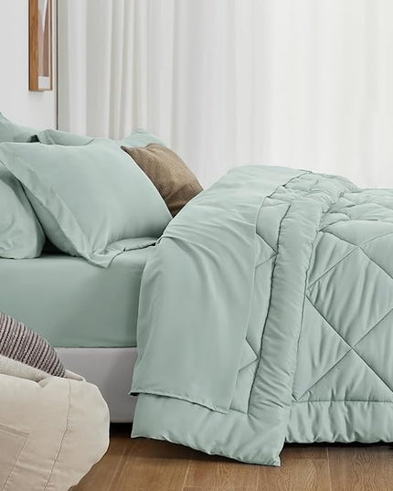 Love's cabin California King Comforter Set Aqua, 7 Pieces California King Bed in a Bag, All Season Bedding Sets with 1 Comforter, 1 Flat Sheet, 1 Fitted Sheet, 2 Pillowcase and 2 Pillow Sham