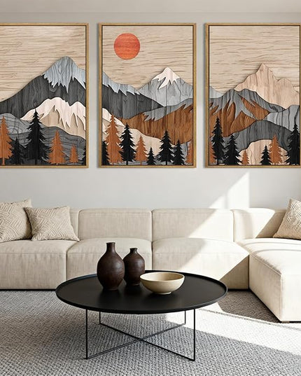 ANHUIB Mountain Wall Art 16x24 Inch Large Forest Wall Decor Woodcut Pine Tree Illustration Nature Wilderness Art Print Abstract Landscape Painting Set of 3 for Living Room Bedroom Office