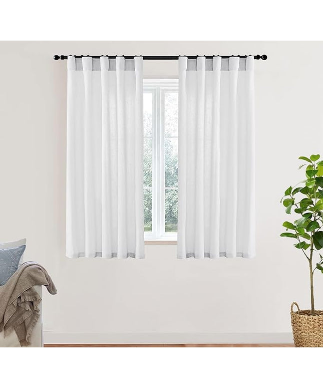 XTMYI 54 Inch Length White Short Curtains for Windows Living Room,Semi Sheer Linen Cotton Curtains for Bathroom Window Bedroom,54 in Long