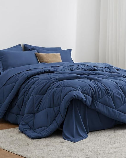 Love's cabin King Size Comforter Set Dark Blue, 7 Pieces King Bed in a Bag, All Season Bedding Sets with 1 Comforter, 1 Flat Sheet, 1 Fitted Sheet, 2 Pillowcase and 2 Pillow Sham