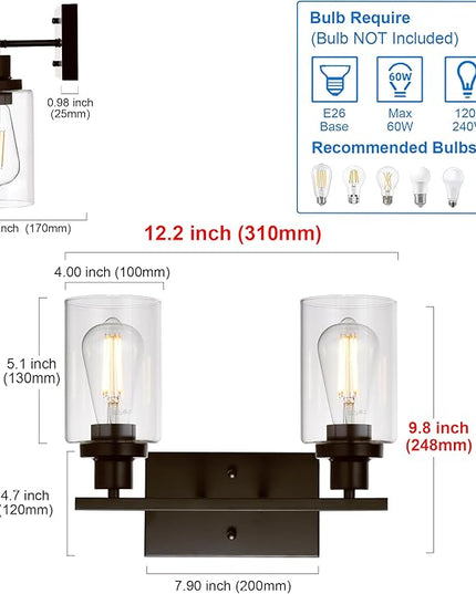 MELUCEE 2-Light Industrial Bathroom Lighting Oil Rubbed Bronze with Clear Glass Shade, Porch Light Fixtures Wall Mount Sconces for Bedroom Living Room Kitchen (Patent No.: US D963914 S)
