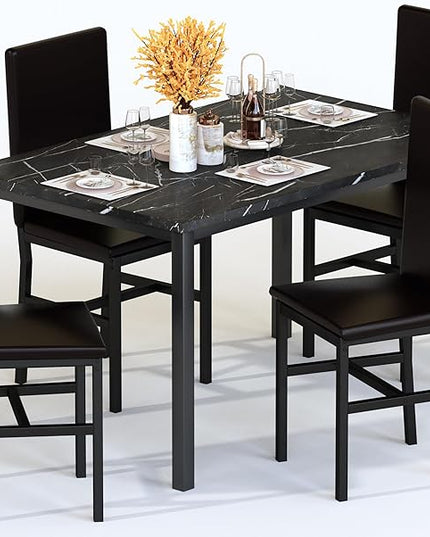 AWQM Dining Table Set for 4, Modern Marble Dining Table Set with 4 Upholstered PU Leather Chairs,Dining Room Table Set for Kitchen, Breakfast Nook, Dining Room, Black