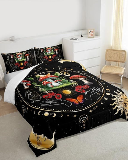 Mushroom Kids Comforter Set Queen Size,Sun Moon Starry Sky Galaxy Romantic Bedding Set,Girls Boys Adults Bedroom Decor,Butterfly Snake Boho Trippy Down Comforter,Colorful Duvet Insert,2 Pillowcases