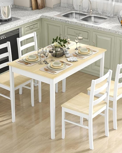 Tangkula Dining Table Set for 4, Solid Wood, Farmhouse Dinette Set w/Rubber Wood Legs, Compact Dining Table and Chairs Set for Kitchen, Dining Room (Natural+White)