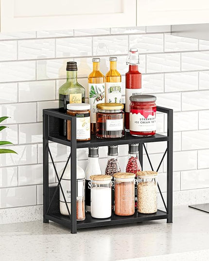 Giikin Countertop Organizer, 2 Tier Coffee Station Organizer for Desktop, Wood Counter Shelf Spice Rack for Kitchen (Black, M)