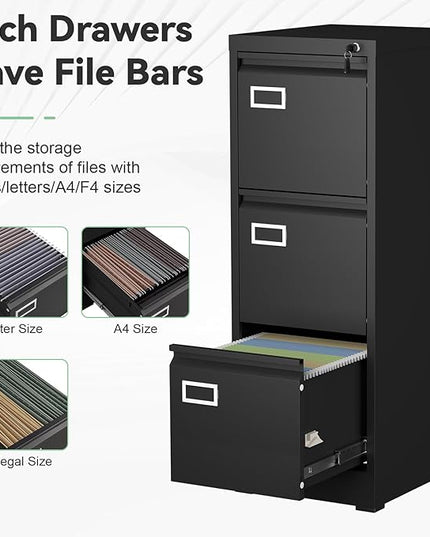 File Cabinet,3 Drawer Filing Cabinet with Lock,Metal Filing Cabinets for Home Office,School,Vertical File Cabinets for Letter/Legal/A4/F4 Size,Assembly Require,Black