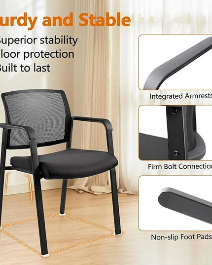 CLATINA Mesh Back Stacking Arm Chairs with Upholstered Fabric Seat and Ergonomic Lumbar Support for Office School Church Guest Reception Black 8 Pack Set New Version