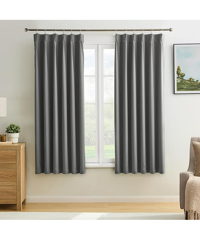 KEQIAOSUOCAI Blackout Bedroom Curtains 63 Inches Long, Thermal Insulated Short Pinch Pleated Vertical Drapes for 62 Inch Home Office/Bay Windows/Basement(Grey,40"x63"x2 Panels)