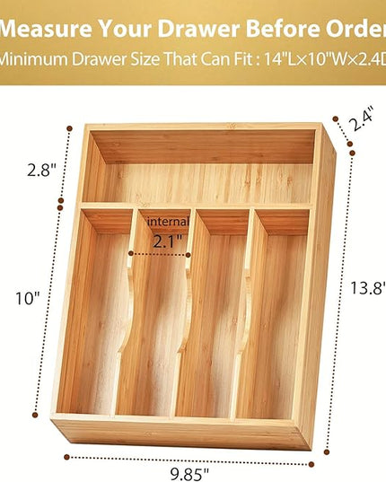 Umilife Kitchen Drawer Organizer, 10 Inch Silverware Utensil Tray Holder, Extra Deep, with Non-Slip Feet & Grooved Drawer Divider, 5 Slots Total Bamboo Wood Caddy for Flatware Cutlery Knives