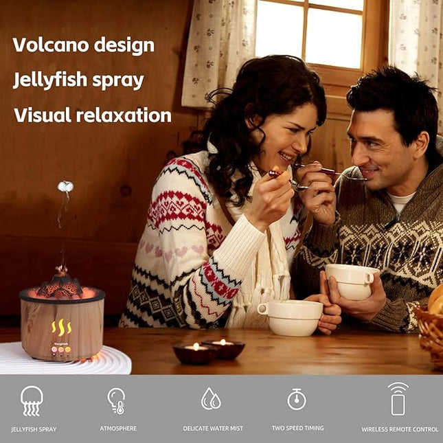 Volcano Essential Oil Diffuser with Jellyfish Mist - 260ml Ultrasonic Aromatherapy Diffuser, Color-Changing LED, Quiet Operation, Auto Shut-Off - Wood Grain Humidifier & Night Light