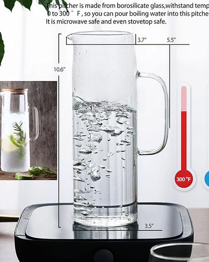 hjn Glass Pitcher with Lid Glass Water Carafe with Handle, Fridge Water Jug Cold or Hot Beverages, Iced Tea, Milk, Juice 1500ml/51oz & bamboo lid