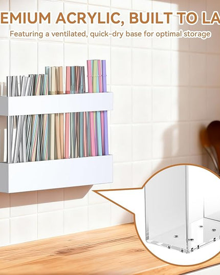 9.5 Inch Cabinet Door Acrylic Straw Holder with Double-Sided Tape, Kitchen Countertop Cabinet Storage Box in (White)