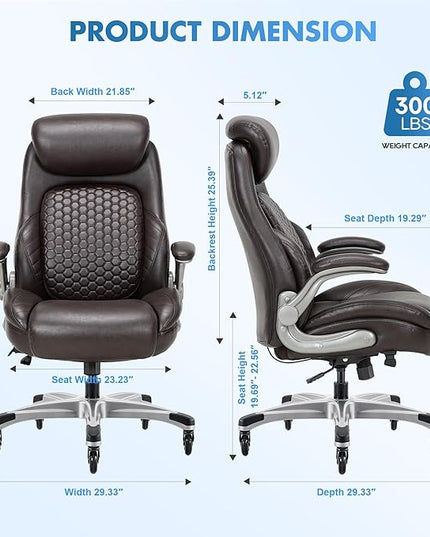 COLAMY Office Ergonomic Desk High Back Executive Chair with Pop-Out Lumbar Support, Upgraded Casters, Adjustable Headrest, Flip-Up Arms, Leather Home with Thick Cushion for Comfort - Brown