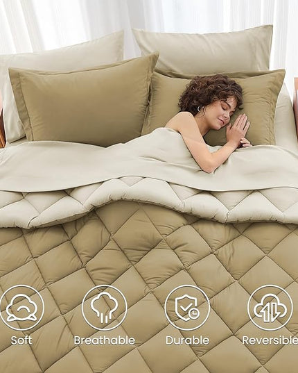 MUXHOMO 7 Pieces King Comforter Set, Reversible Bed in a Bag King Size, All Season Bedding Set with Comforter, Flat Sheet, Fitted Sheet, Pillowcases & Shams, Khaki & Linen