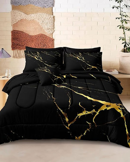 Merryword 8 Pcs Bed in a Bag Comforter Set - California King Size Black Gold Marble Bedding Set