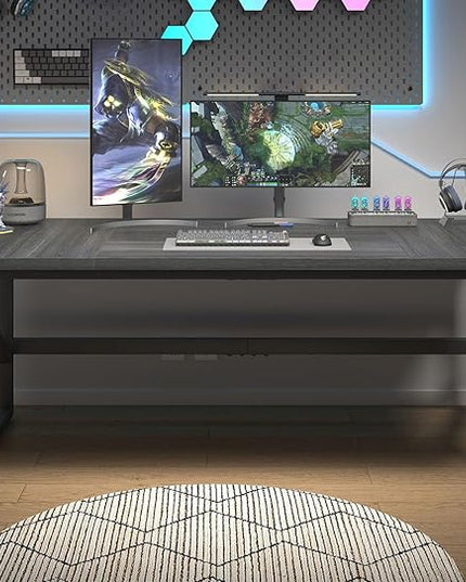 HSH Extra Long Computer Desk, Industrial Metal Wood Home Office Desk, Large PC Laptop Table for 2 Person Executive Writing Work Study Gaming, Bedroom Living Room Dual Monitor Desk, Dark Gray, 70 Inch