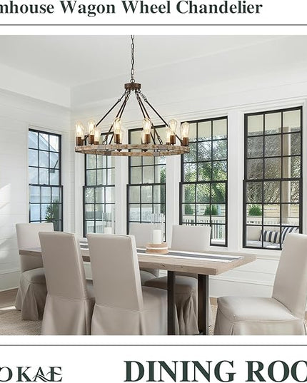 Farmhouse Wagon Wheel Chandelier 31" Wooden Chandelier Light Fixture 12-Light Rustic Chandeliers for Dining Room Living Room Entryway Foyer