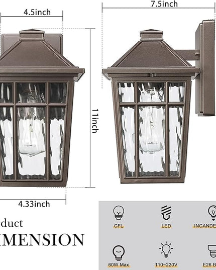 Darkaway Outdoor Sconce Lights Wall Light Fixtures, Exterior Porch Light Outdoor Sconce Anti-Rust Waterproof Aluminum Outside Light with Water Ripple Glass for Patio Yard Doorway Garage