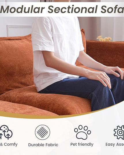 WJShome 147" Modern L-Shaped Couch for Living Room,Velvet Modular Sectional Sofa with Chaise,4-Seater Sofa with 1 Ottomans with Removable Cushions and 8" High Metal Legs, Easy to Clean, Terracotta