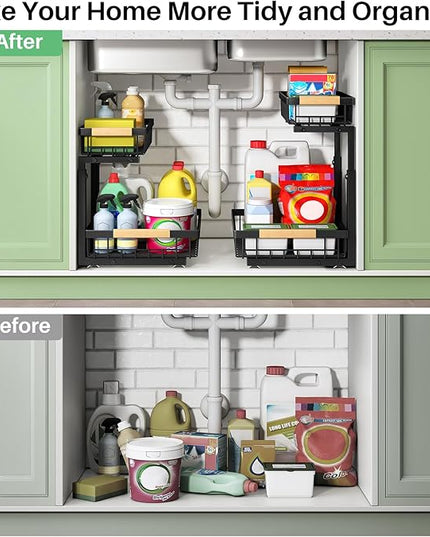 Pull out Cabinet Organizer, 2 Tier Under Sink Organizer, Slide out Metal Kitchen Cabinet Organizers Drawer Shelf, Sliding Storage Shelves for Kitchen Bathroom Pantry Cabinet Closet Organization Rack