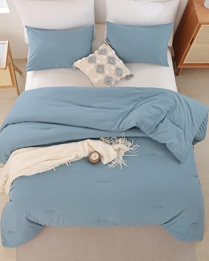 ROSGONIA King Size Comforter Set Dusty Blue, 3pcs (1 Boho Blue Comforter & 2 Pillowcases) All Season Bedding Lightweight Bedspread Blanket Quilt