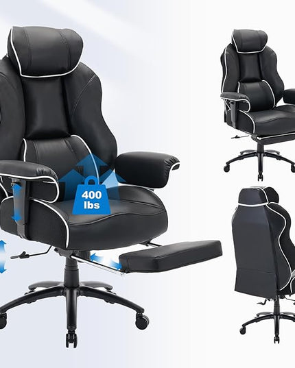 DJ·Wang Big and Tall Office Chair with Foot Rest, High Back Executive Office Chair PU Leather, Ergonomic Chairs with Lumbar Support, 135° Reclining Chairs with Thickened Spring Cushion Black