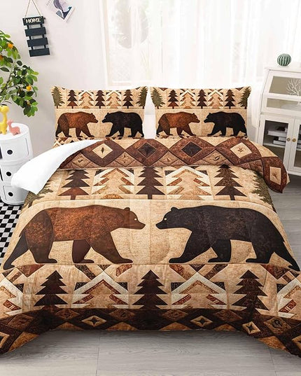 AILONEN Rustic Brown Bear Comforter Set,Vintage Wildlife Bedding Sets for Bedroom Decor, Full Size,Woodland Animal Bears Duvet Set,3-Piece, 1 Quilt and 2 Pillowcases,Soft Microfiber