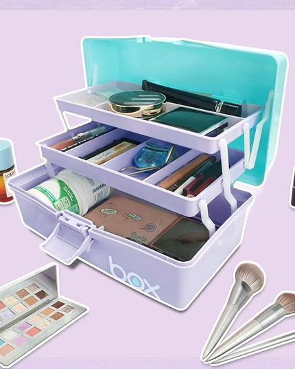 12in 3-Layer Plastic Craft Organizers and Storage, Portable Folding Tackle Box with Handle & Adjustable Dividers, Multipurpose Case for Sewing, Art Supplies, Medicine, Tools (Purple Blue)