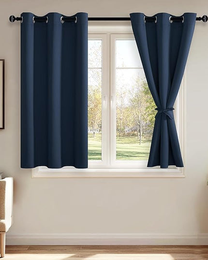 JIUZHEN Navy Blackout Curtains with Tiebacks-Thermal Insulated, Light Blocking/Noise Reducing Grommet Curtain Drapes for Bedroom and Living Room, Set of 2 Window Curtain Panels, 38 x 45 Inch Length