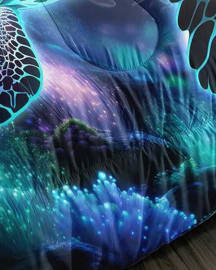 Sea Turtle Comforter Kids Bedding Set Full Size,Glowing Waterweed Moon Flash Print Comforter Set for Kids Teens Boys Girls Room Decor,Nautical Reptile Animal Bedding Set with 2 Pillowcases.