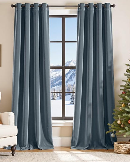 Lazzzy Blackout Velvet Blue Thermal Insulated Curtains 108 Inch Extra Long Drapes for Bedroom Living Room Window Treatments Grommet Luxury Drapes Set of 2 Panels Dark Slate