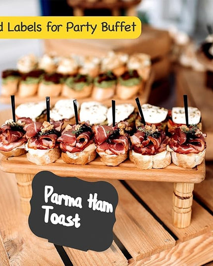 PigPotParty 12 Pcs Food Labels for Party Buffet w/Cleaning Spray, 4"x3" Mini Chalkboard Signs Include 2 Liquid Chalk Markers for Food Display - Food Tags- Table Palce Card (Waved Shape)