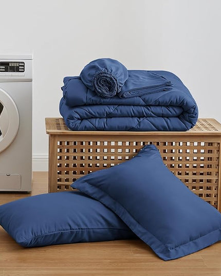 Love's cabin Twin Comforter Set Dark Blue, 5 Pieces Twin Bed in a Bag, All Season Bedding Sets with 1 Comforter, 1 Flat Sheet, 1 Fitted Sheet, 1 Pillowcase and 1 Pillow Sham