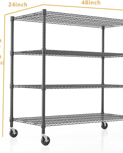 Himimi 4 Tier Wire Shelving with Wheels Heavy Duty Height Adjustable Metal Shelves for Storage, Commercial Grade Steel Utility Wire Rack for Kitchen Garage Pantry Organization-24×48×72, Black