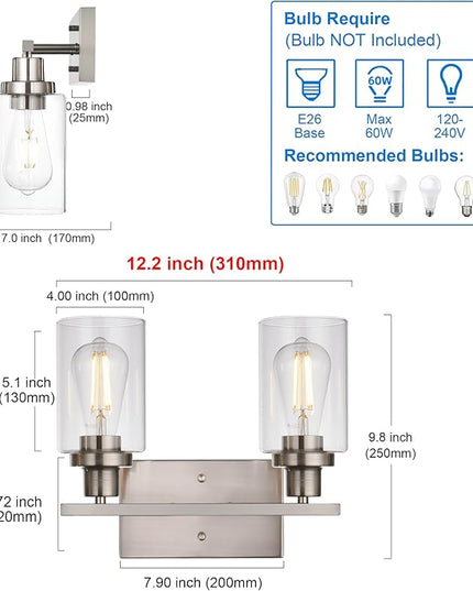 MELUCEE Metal Wall Lights with Clear Glass Shade 2 Heads Bathroom Light Fixtures Brushed Nickel Modern Vanity Lights Sconces for Hallway Bedroom Kitchen (Patent No.: US D963914 S)