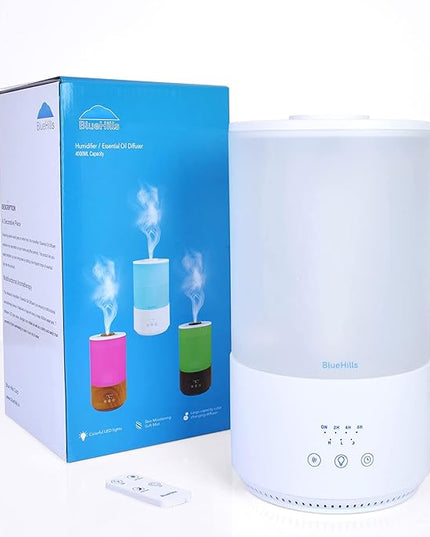 BlueHills Premium 4000 ml Tall Essential Oil Diffuser 4L 4 Liter 50 Hour Run with Remote Timer Aroma Humidifier 1 Gallon Big Capacity High Mist Output for Large Room Huge Size Mood Lights White T401