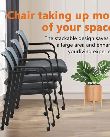 CLATINA Mesh Back Stacking Arm Chairs with Upholstered Fabric Seat and Ergonomic Lumbar Support for Office School Church Guest Reception (WithWheels Gray- 4 Pack)