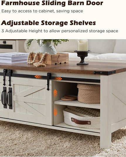 OKD 48" Farmhouse Lift Top Coffee Table with Sliding Barn Door,Rustic Center Table with Hidden Storage Compartment,Lifting Tabletop and Adjustable Shelf for Living Room,Office,Antique White