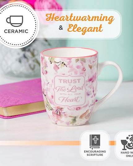 Christian Art Gifts Encouraging Ceramic Coffee & Tea Bible Verse Mug for Women: Trust in the Lord Inspirational Scripture Proverb, Microwave & Dishwasher Safe, White & Pink Watercolor Floral, 12 oz.