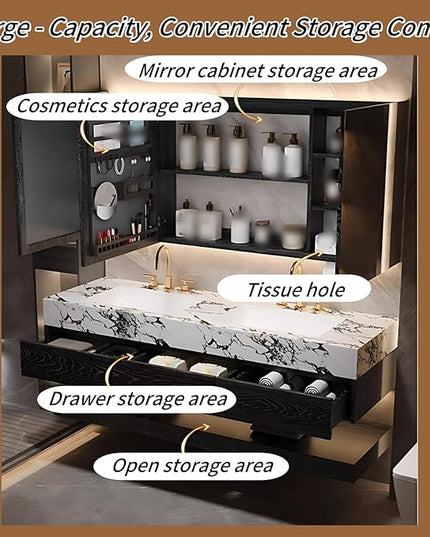 88IN Solid Wood Bathroom Cabinet, Bathroom Vanity with Double Sinks | One Click Defogging & 2 LED Light Strips, Tissue Hole, Bathroom Storage Cabinets with 3 Drawers (White)