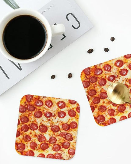 Marble Coasters Square Leather Drinks Coaster Set with Holder for Coffee Table Bar Home Decor 4 Inches Set of 6 (Pizza, One Size)