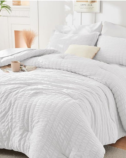 HYMOKEGE White Twin Comforter Set Seersucker 5 Pieces, All Season Luxury Bed in a Bag for Bedroom, Bedding Set with Comforters, Sheets, Pillowcase & Sham