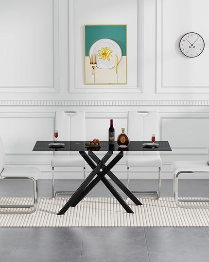 HomVent 5 Pieces Rectangular Glass Dining Table Set, Black Glass Dining Table for 4 Kitchen Table Set with 4 PU Dining Chairs for Kitchen Dining Room