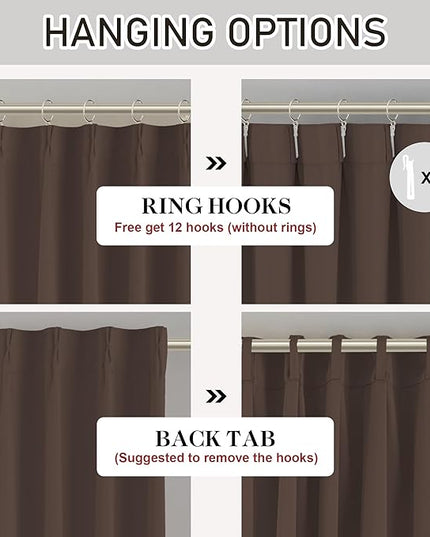 DONREN Brown Pinch Pleated Blackout Curtains with Hooks - 104 inch Length Room Darkening Thermal Insulated Window Curtain Panels for Living Room Bedroom 2 Panel 40" Wx104 L