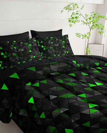 Geometric Green Black Triangle Full Size Comforter Set,Light Honeycomb Bedding Set 7 Piece in A Bag,Bed Sheet Set Geometry Decor,Microfiber Lightweight All Season