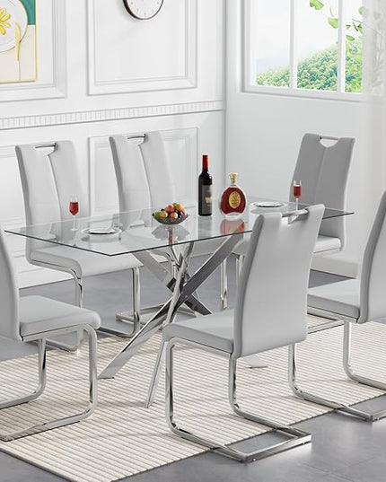 7 Piece Glass Dining Table Set, Glass Kitchen Dining Room Table Set for 6, 61" Modern Rectangular Silver Glass Metal Dining Table with 6 Grey PU Leather Dining Chairs for Kitchen Dining Room