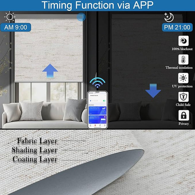 Motorized Blinds with Remote Cordless Automatic Motorized Shades Custom Blinds for Windows Smart Curtains Compatible with Alexa Google Home(Blackout Linen Sandy Beach,W66 x H72in)