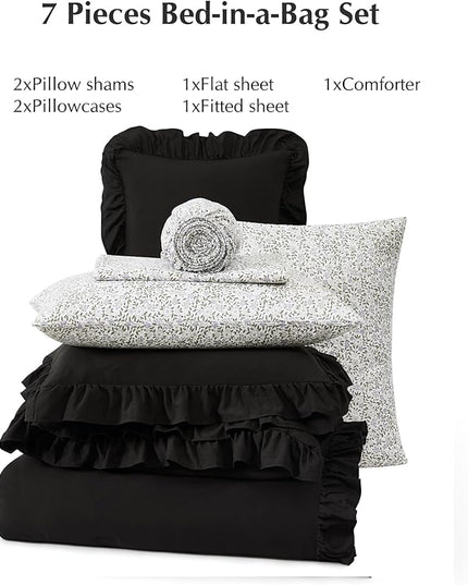 Full Comforter Set - 7 Pieces Ruffle Black Bedding Sets, Shabby Chic Farmhouse Bed in a Bag Full with Ruffle Comforter, Floral Sheets, Pillowcases & Shams